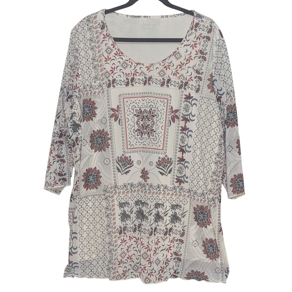 Catherines Cream & Red Boho Cottagecore Sheer 3/4 Sleeve Lined Blouse Size 2X